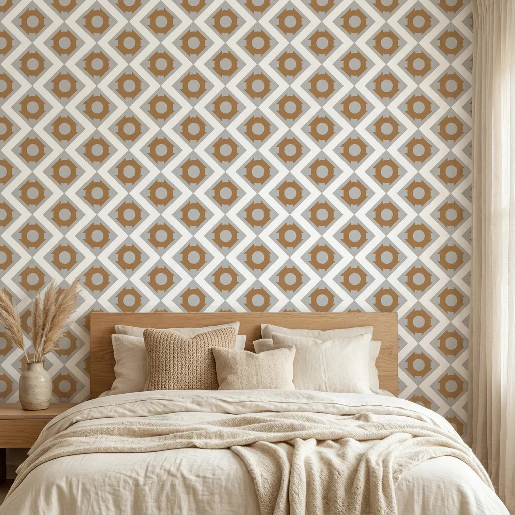 Bronze Compass bold geometric diamond tile wallpaper in a warm and inviting living room