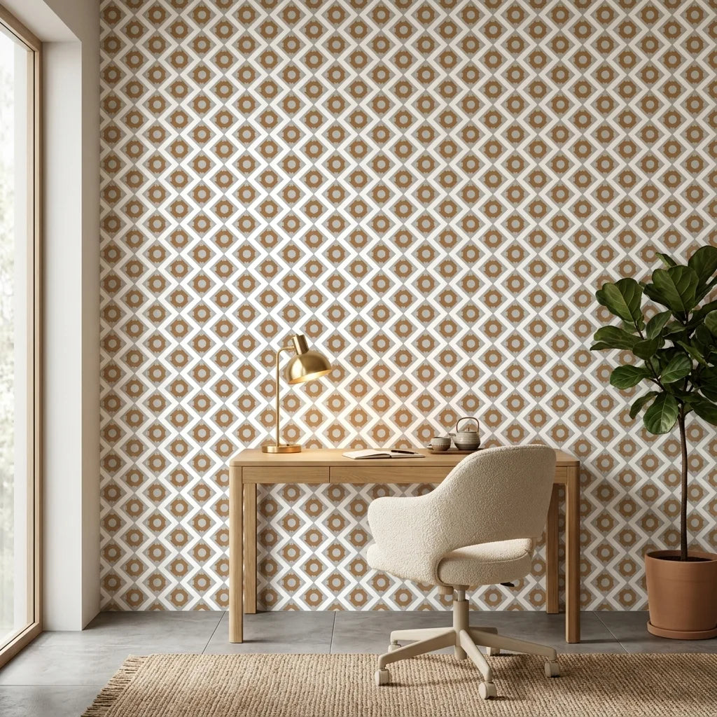 Bronze Compass bold geometric diamond tile wallpaper adding character to a cozy bedroom