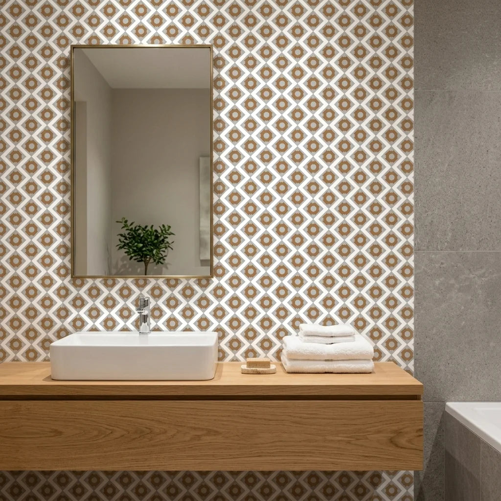 Bronze Compass bold geometric diamond tile wallpaper as a feature wall in a bright home office