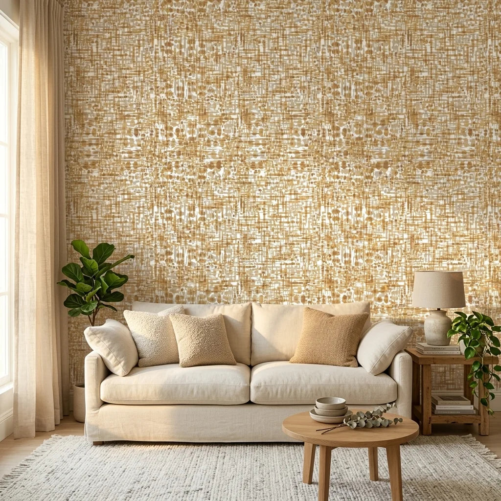 Brushed Gold neutral abstract peel and stick wallpaper in a warm and inviting living room