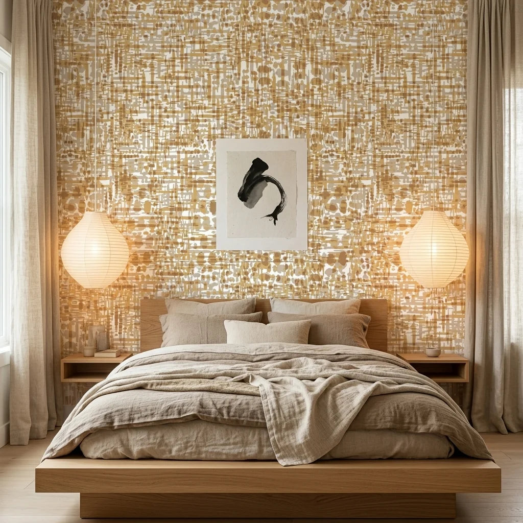 Brushed Gold neutral abstract peel and stick wallpaper adding character to a cozy bedroom