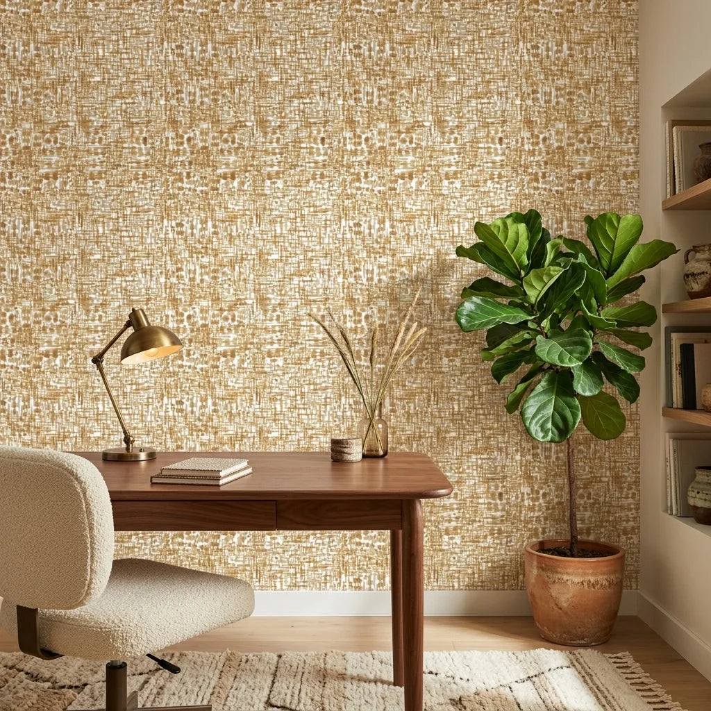 Brushed Gold neutral abstract peel and stick wallpaper as a feature wall in a bright home office