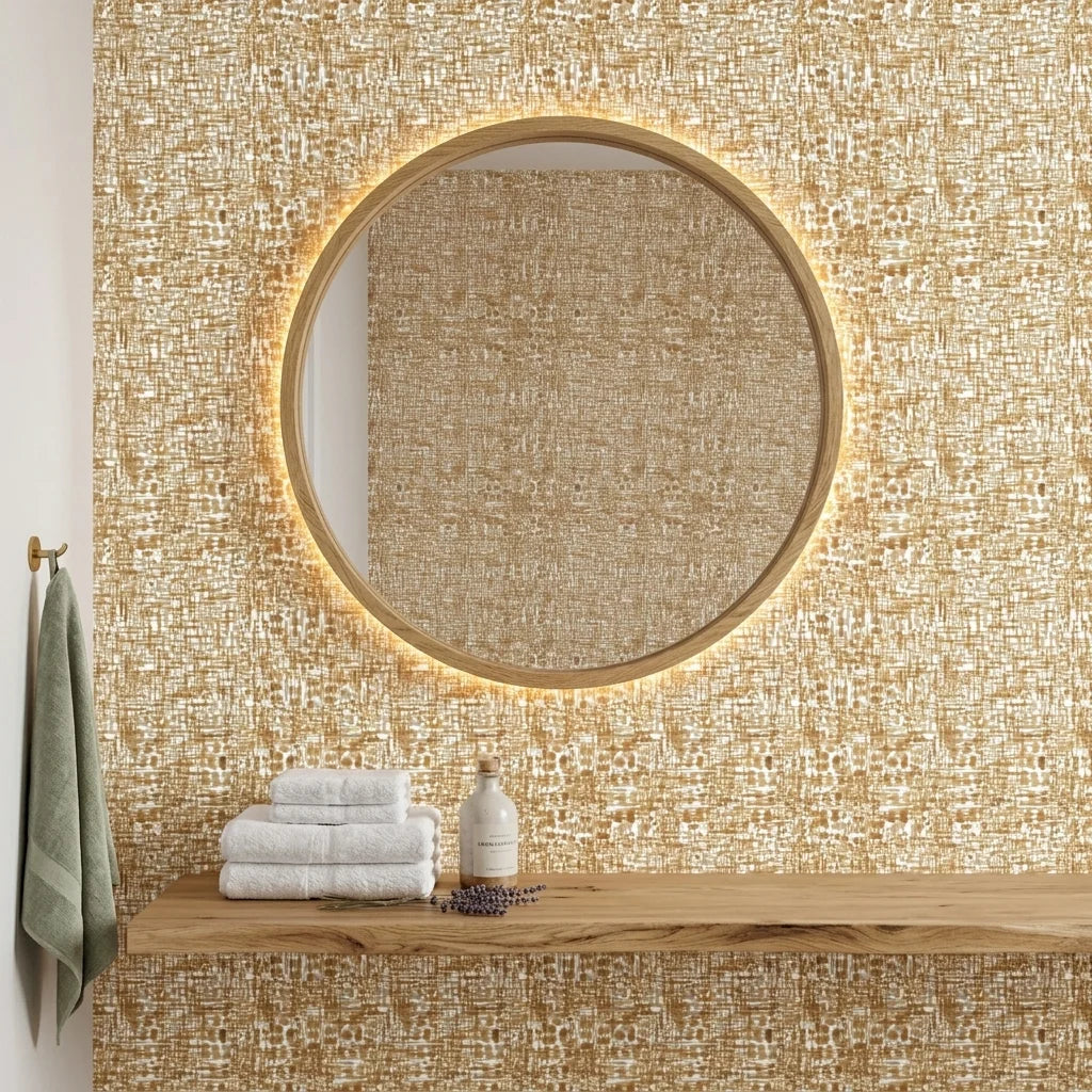 Brushed Gold neutral abstract peel and stick wallpaper creating ambiance in a serene bathroom