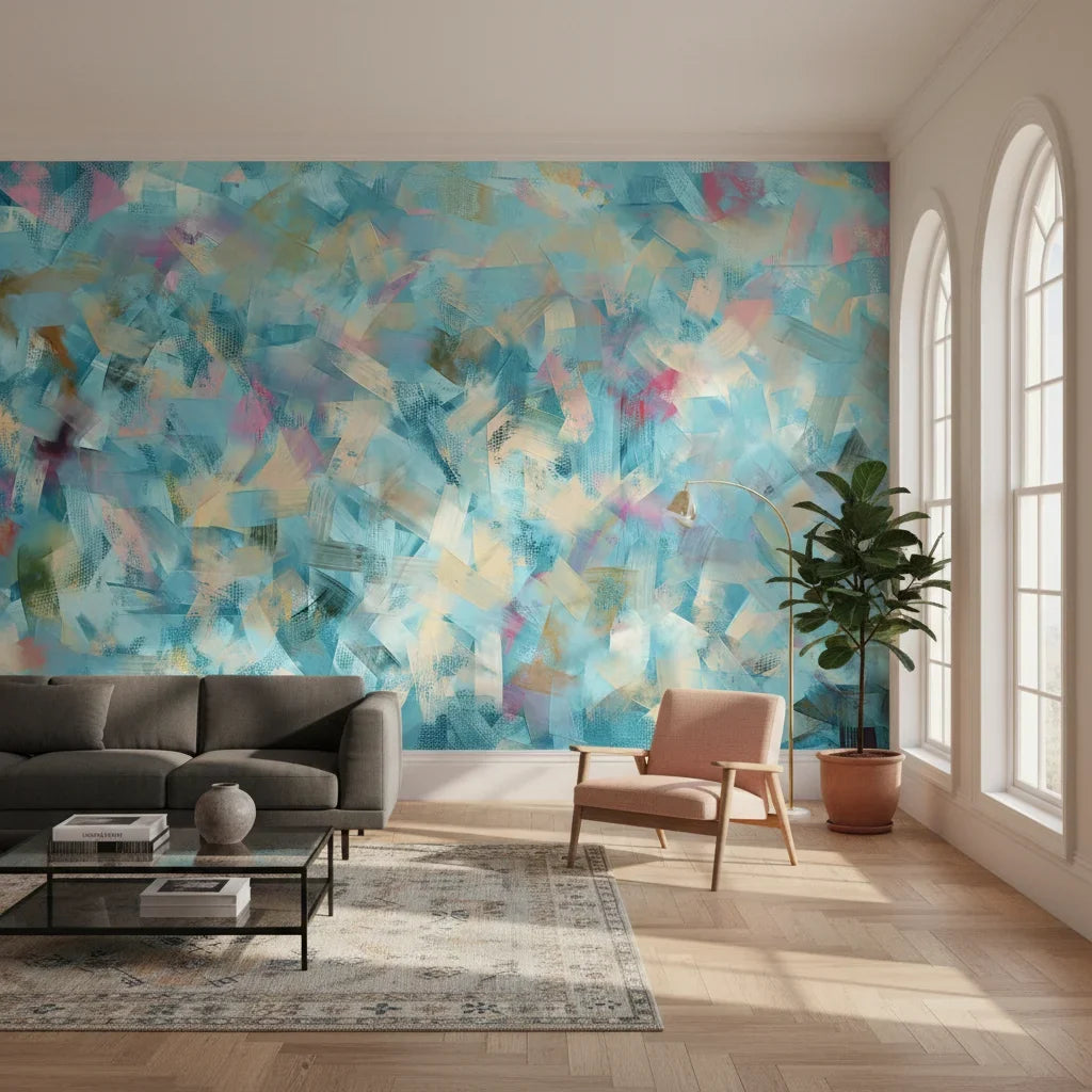 Brushed Lagoon airy blue crosshatch in a warm and inviting living room