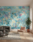 Brushed Lagoon airy blue crosshatch in a warm and inviting living room