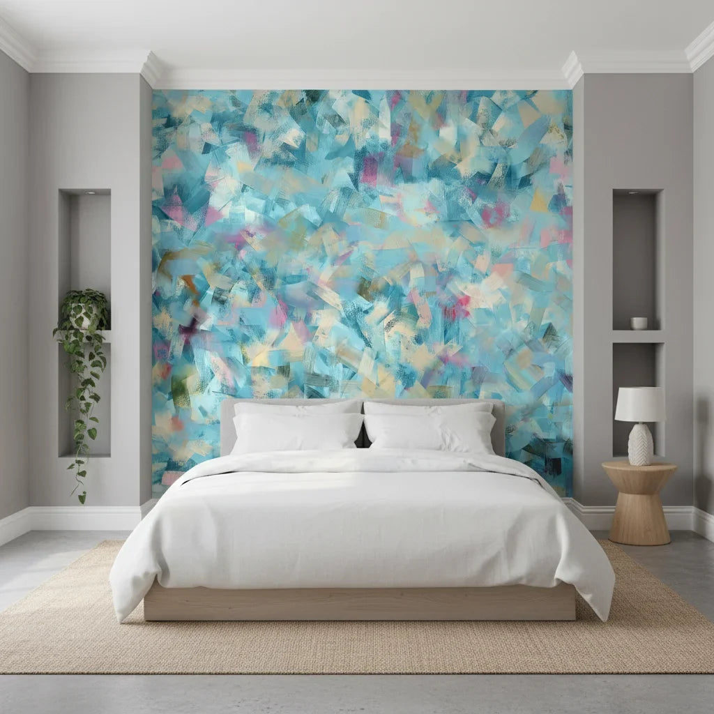 Brushed Lagoon airy blue crosshatch adding character to a cozy bedroom