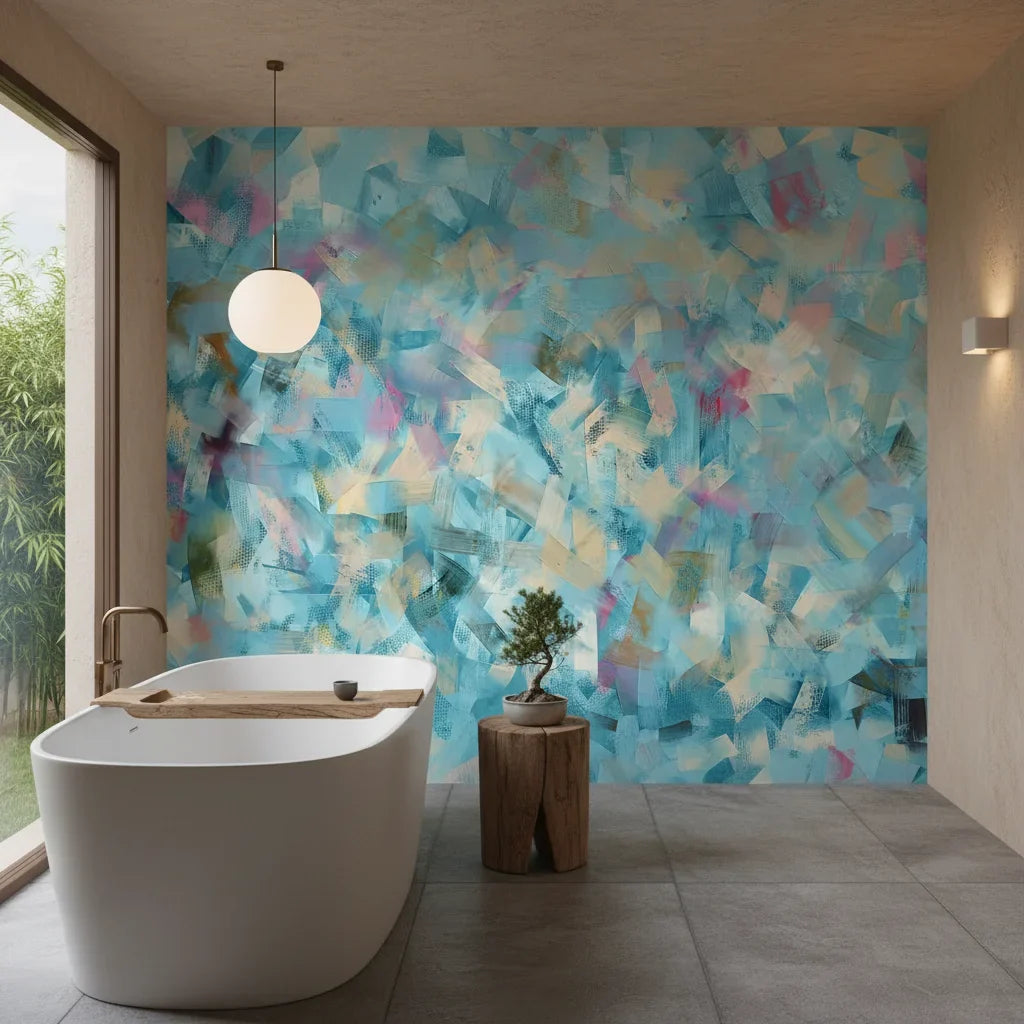 Brushed Lagoon airy blue crosshatch as a feature wall in a bright home office