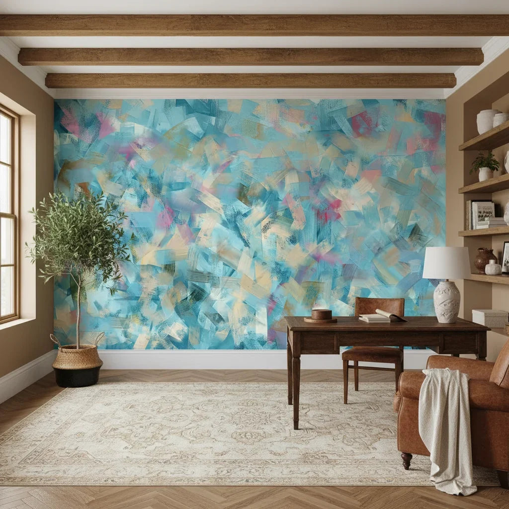 Brushed Lagoon airy blue crosshatch creating ambiance in a serene bathroom