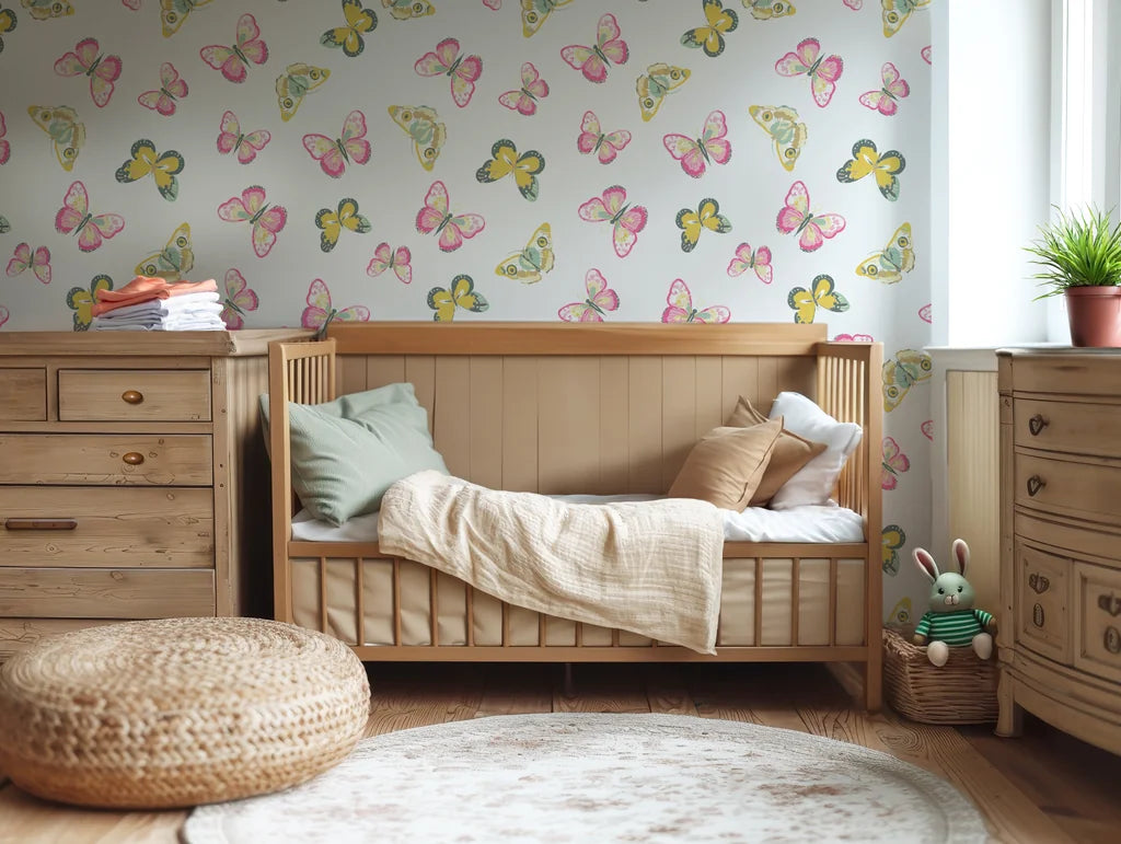 Smooth white butterfly peel and stick wallpaper in pink and yellow - Bubblegum Flutter