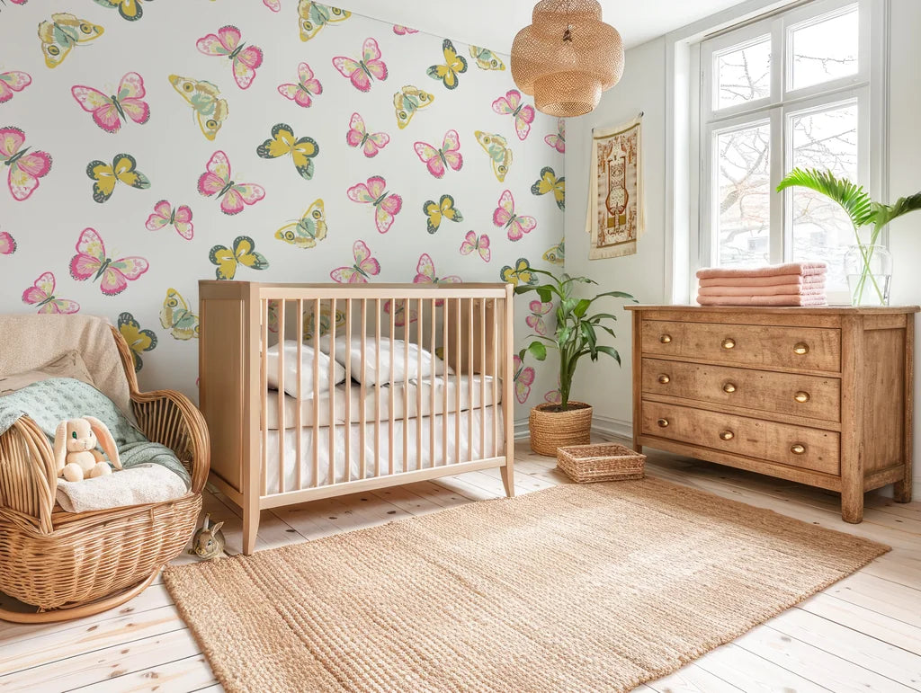 Smooth white butterfly peel and stick wallpaper in pink and yellow - Bubblegum Flutter