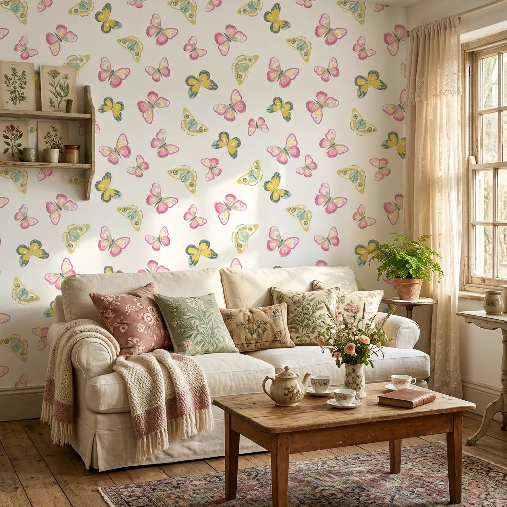 Bubblegum Flutter pink and yellow butterfly wallpaper in a warm and inviting living room