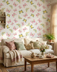 Bubblegum Flutter pink and yellow butterfly wallpaper in a warm and inviting living room