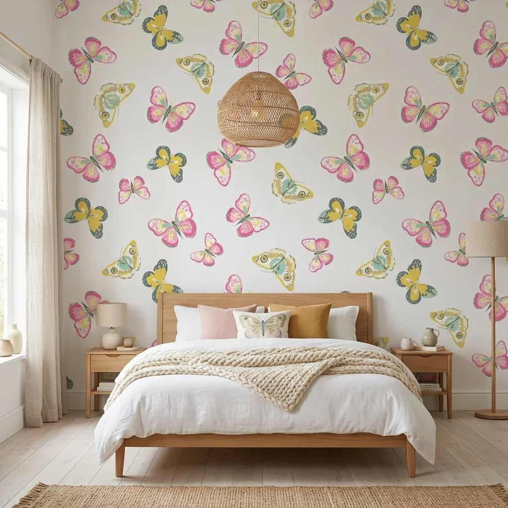 Bubblegum Flutter pink and yellow butterfly wallpaper adding character to a cozy bedroom
