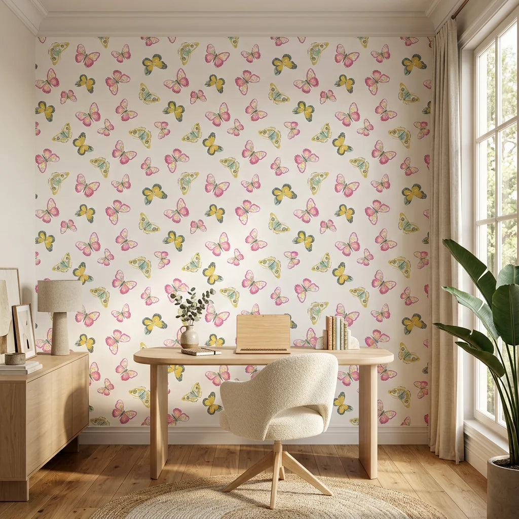 Bubblegum Flutter pink and yellow butterfly wallpaper as a feature wall in a bright home office