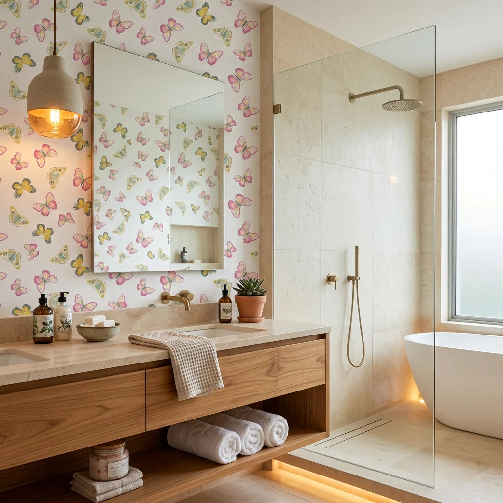 Bubblegum Flutter pink and yellow butterfly wallpaper creating ambiance in a serene bathroom