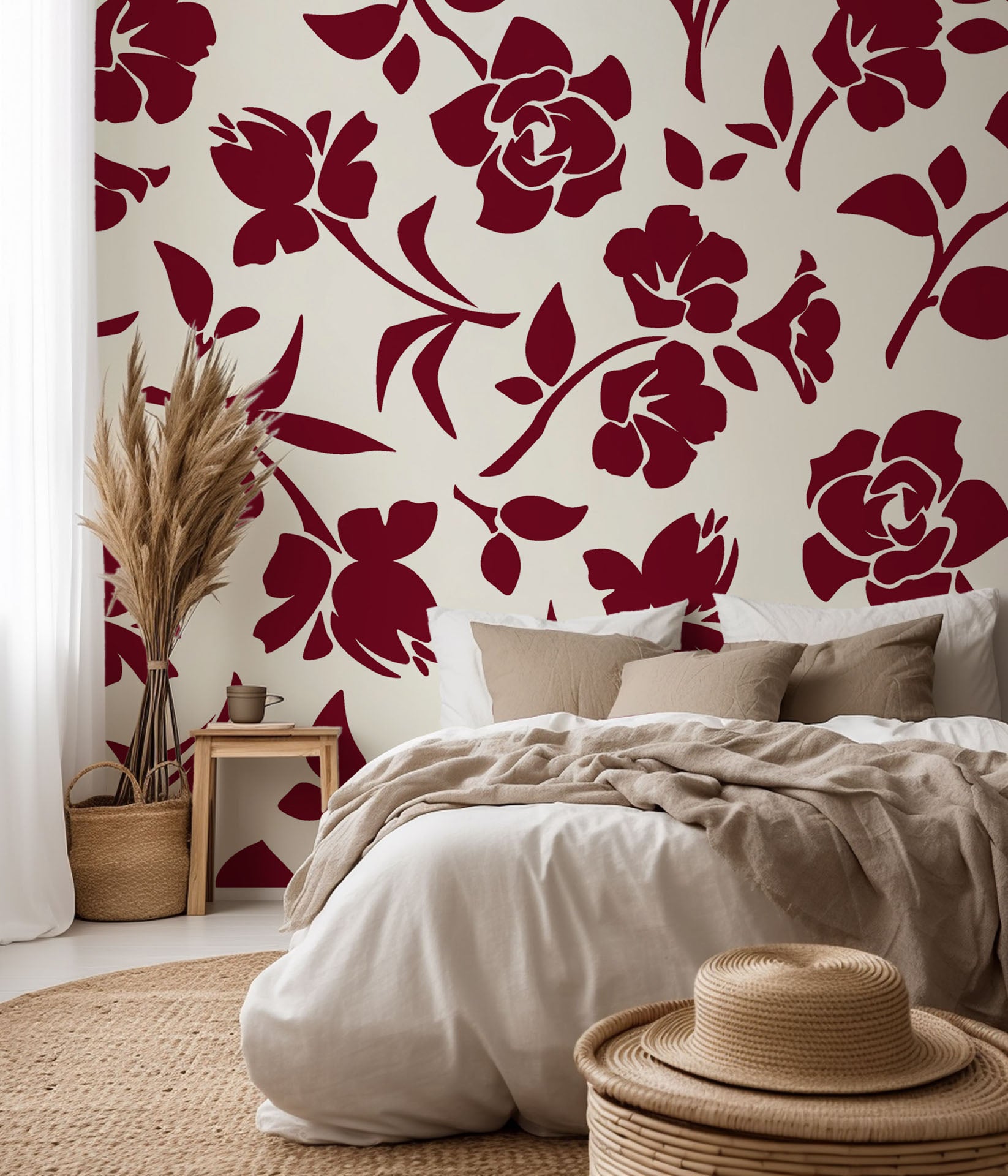 Burgundy Bloom peel-and-stick wallpaper featuring a floral silhouette design against a cream backdrop