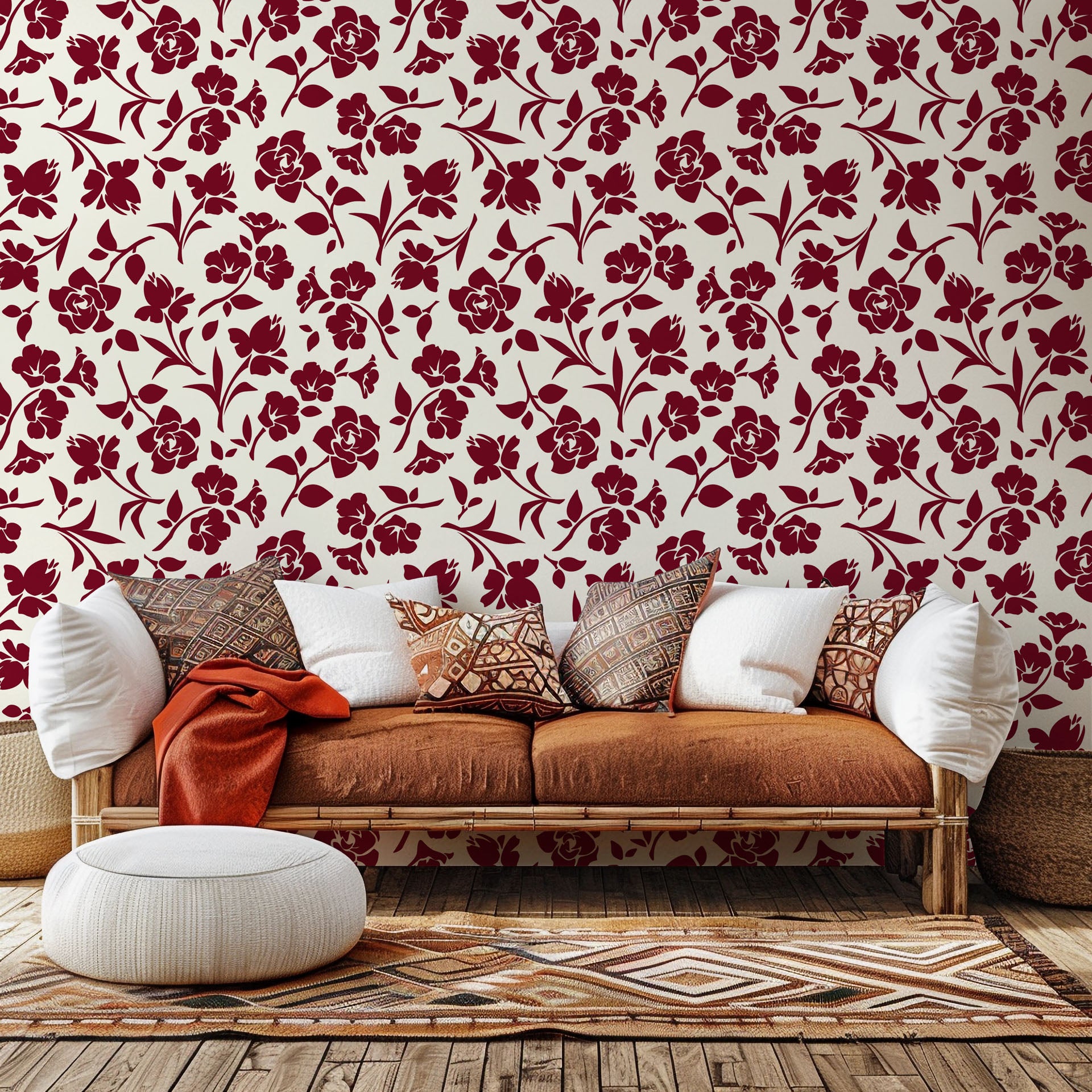Self-adhesive wallpaper featuring a burgundy flower outline design set against a cream-colored base (Burgundy Bloom)