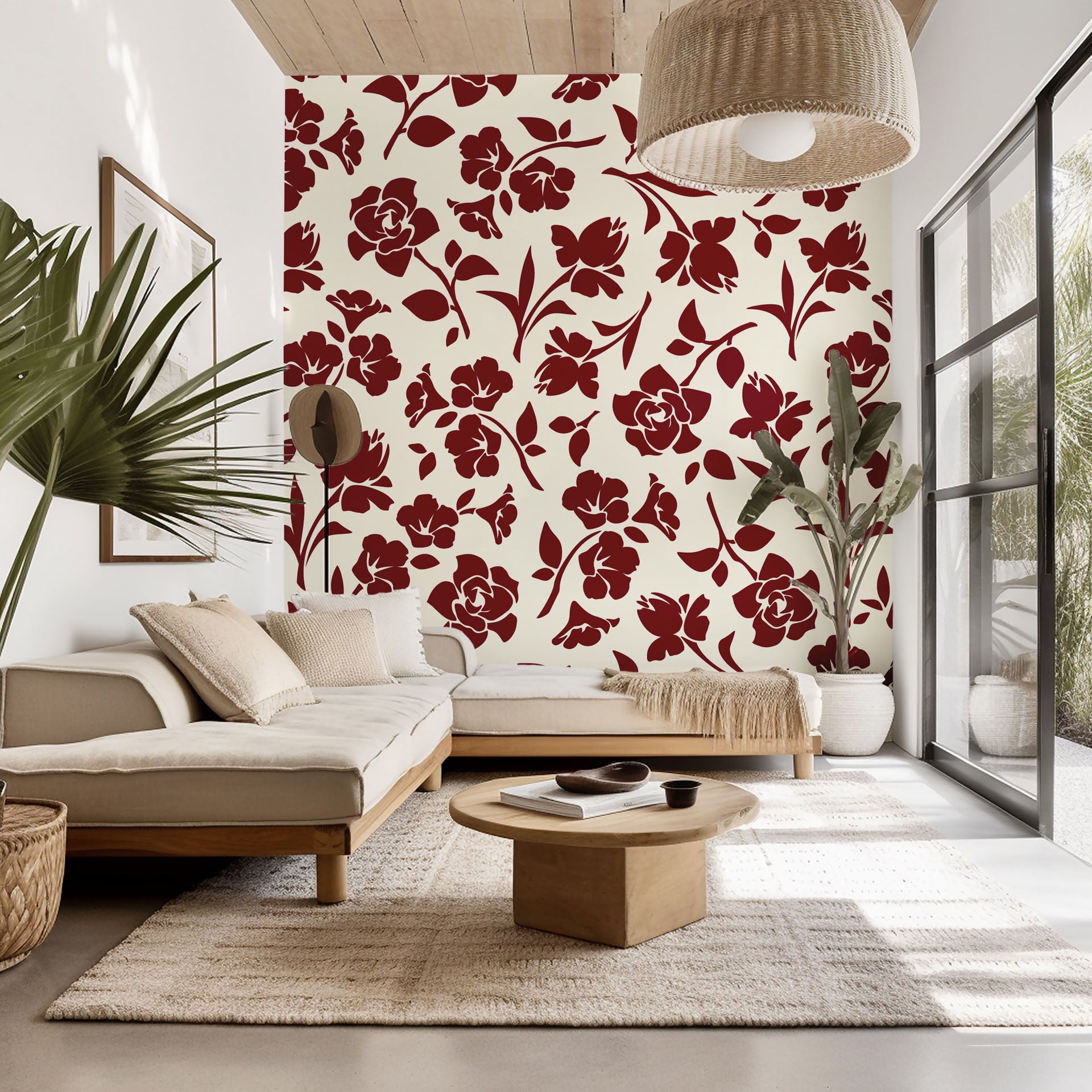 Self-adhesive wallpaper featuring a deep red floral silhouette pattern against an ivory-colored background