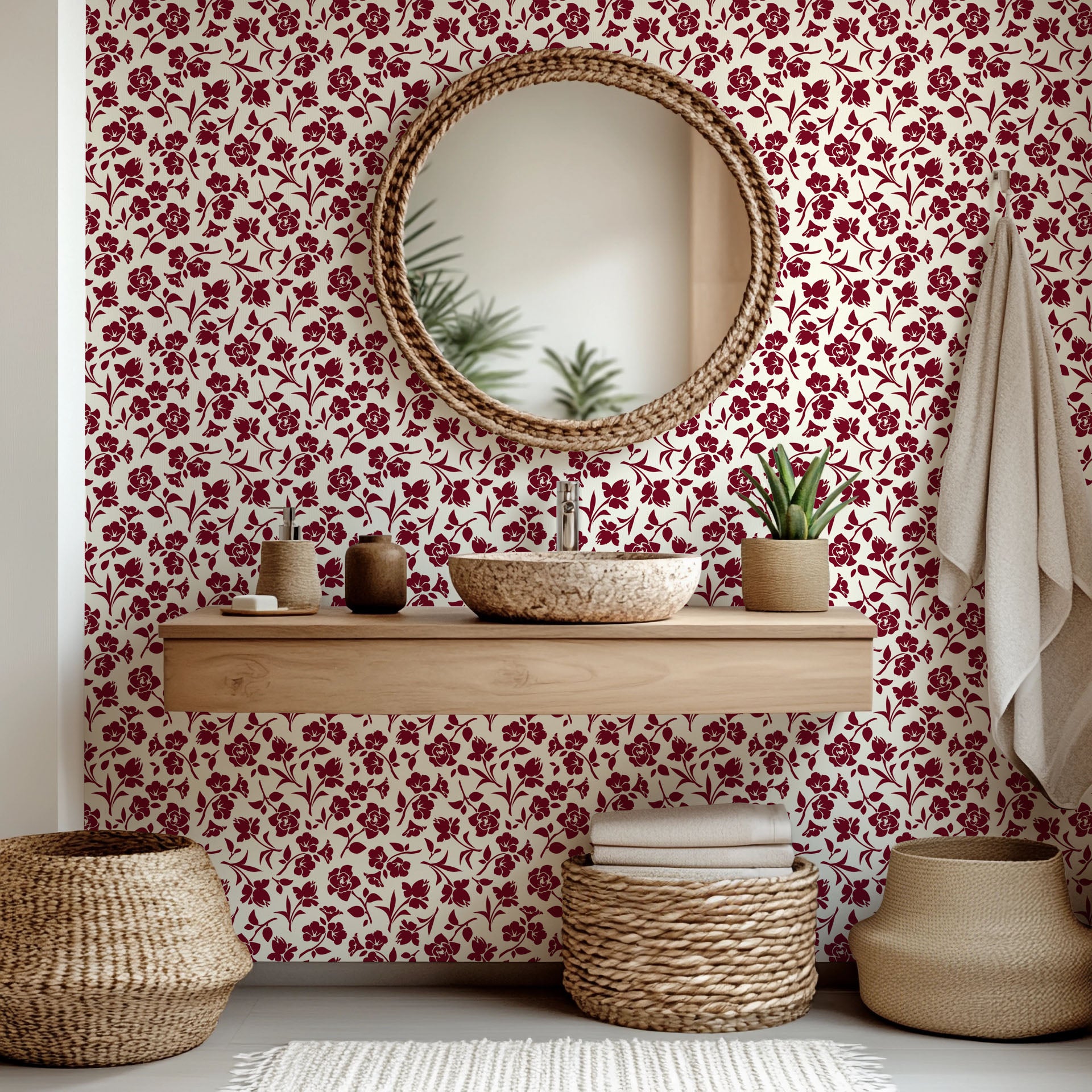Self-adhesive wall covering, "Burgundy Bloom," featuring a wine-colored flower outline set against an off-white, cream backdrop