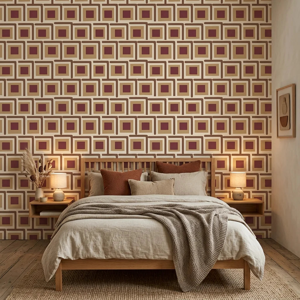 Burgundy Stack retro geometric wallpaper in a warm and inviting living room