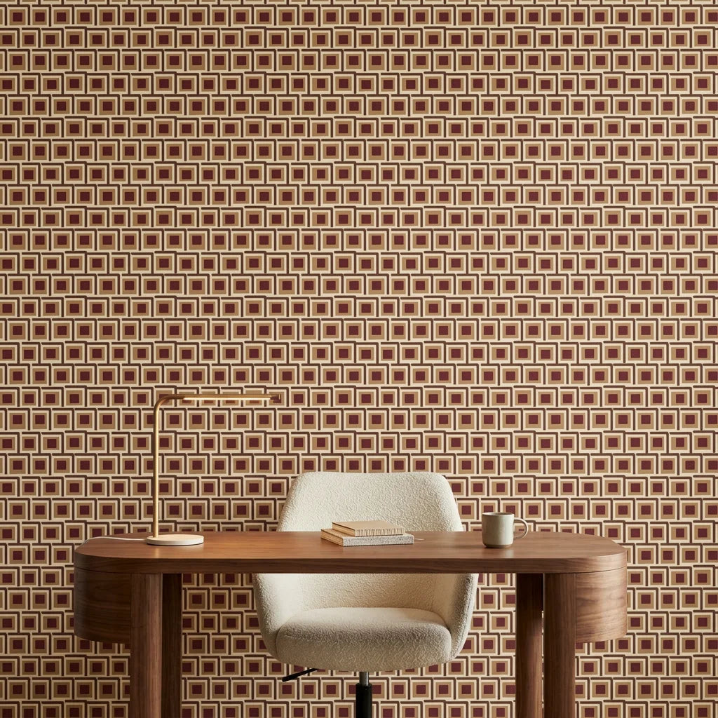 Burgundy Stack retro geometric wallpaper adding character to a cozy bedroom