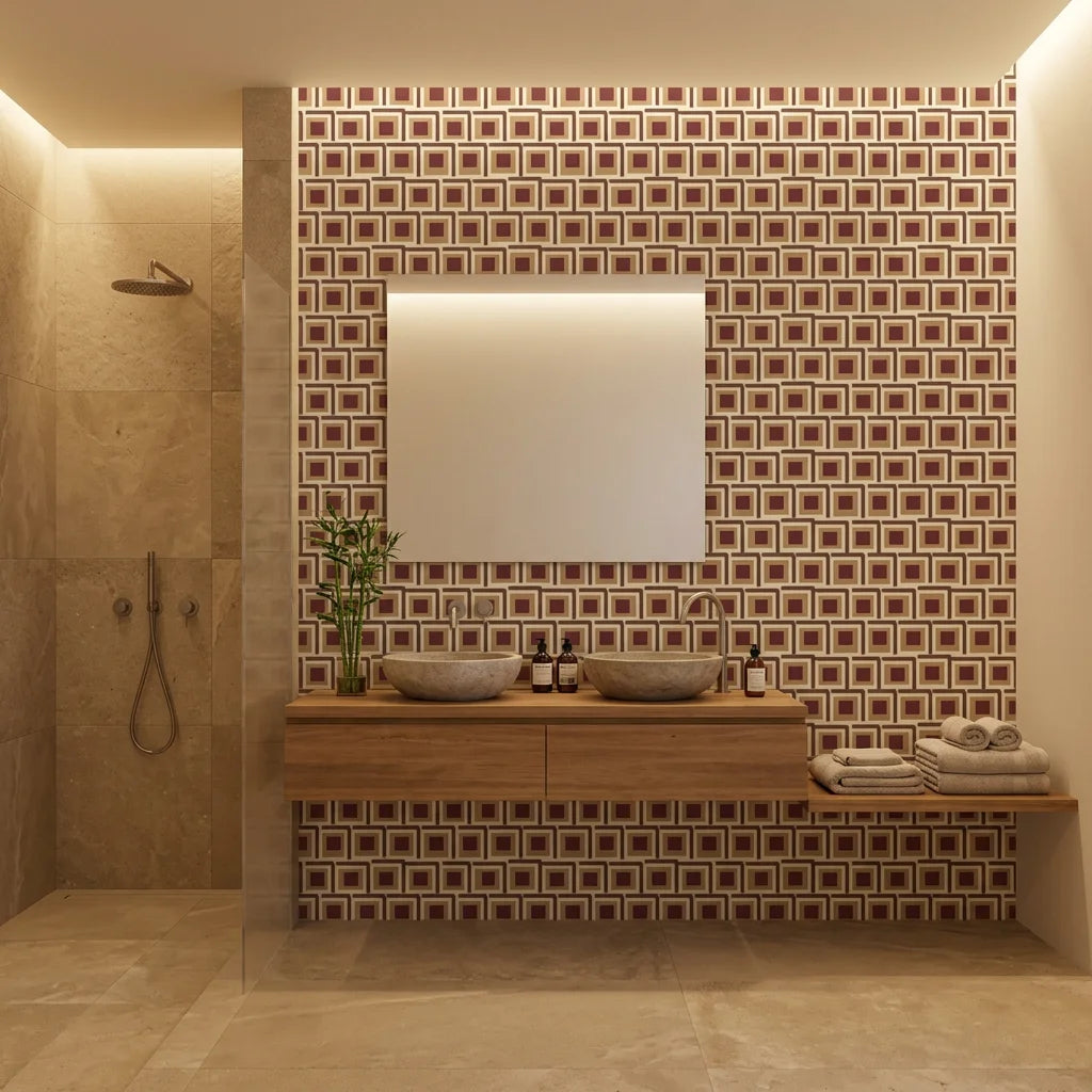 Burgundy Stack retro geometric wallpaper as a feature wall in a bright home office