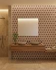 Burgundy Stack retro geometric wallpaper as a feature wall in a bright home office