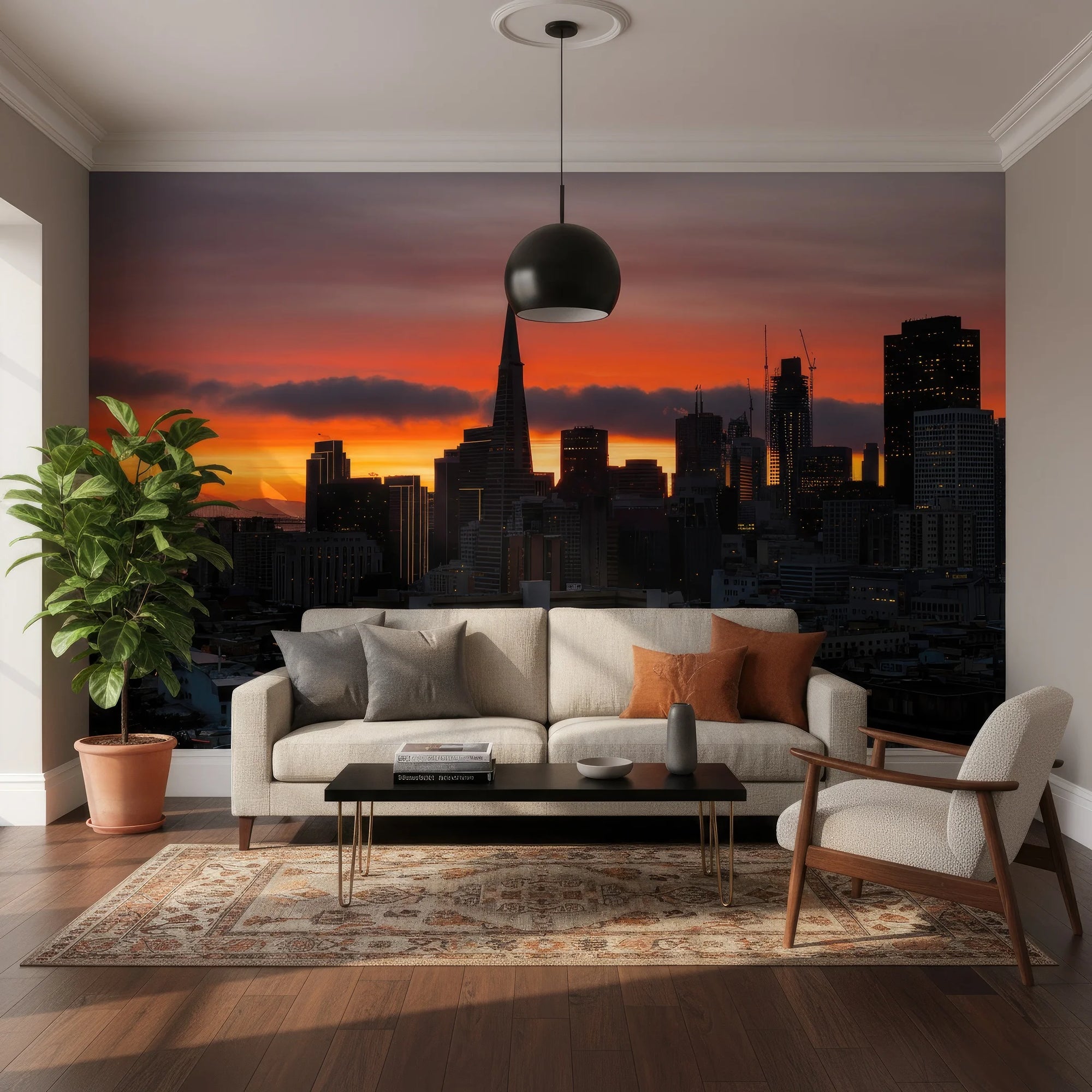 Burning Horizon cityscape wallpaper with orange sunset sky and dark silhouetted buildings on modern living room wall