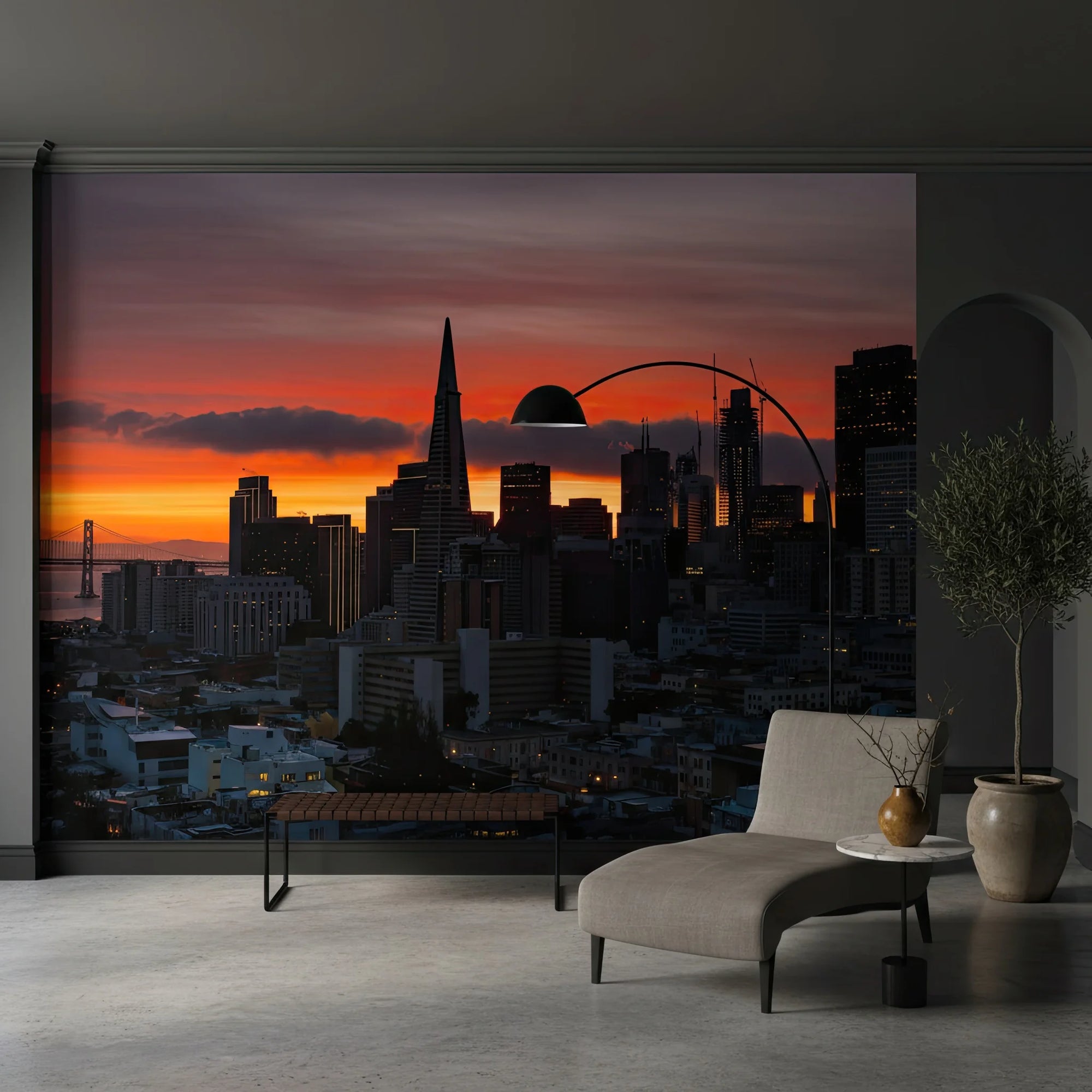 San Francisco skyline at sunset mural wallpaper featuring orange and purple sky with Transamerica Pyramid in modern living room