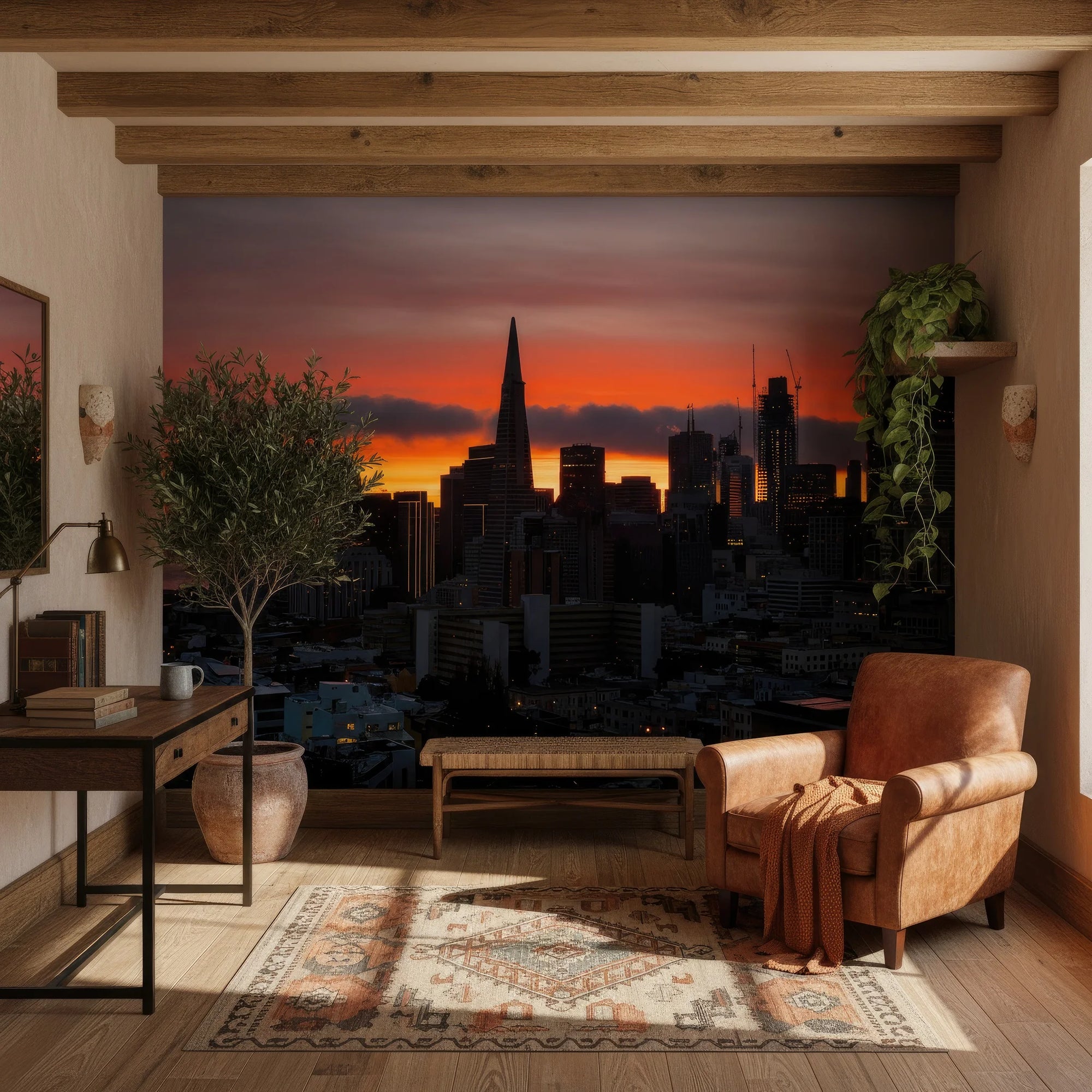 Burning Horizon city skyline wallpaper mural with dramatic orange sunset in modern living room