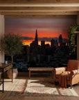 Burning Horizon city skyline wallpaper mural with dramatic orange sunset in modern living room