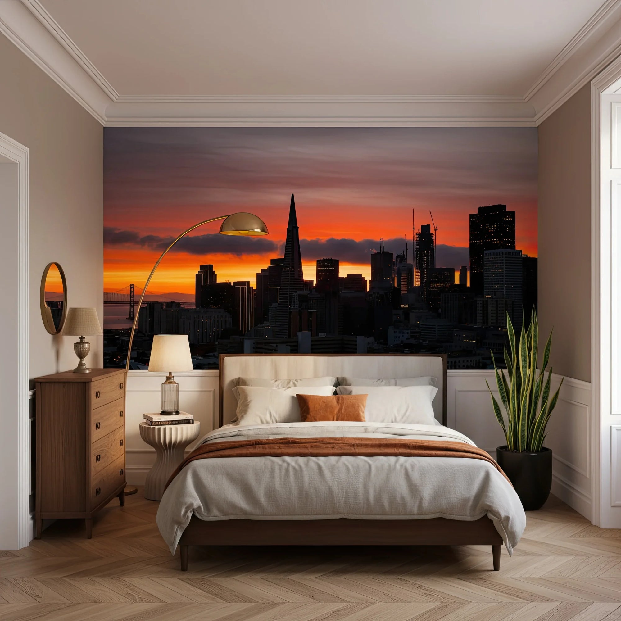 Orange and gray Burning Horizon cityscape mural wallpaper on contemporary bedroom accent wall
