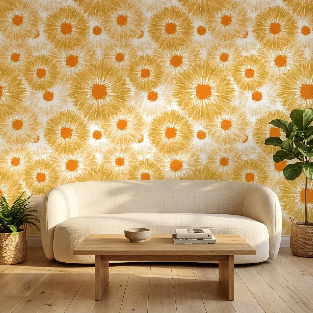 Burning Petal orange and gold floral wallpaper in a warm and inviting living room