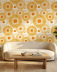 Burning Petal orange and gold floral wallpaper in a warm and inviting living room