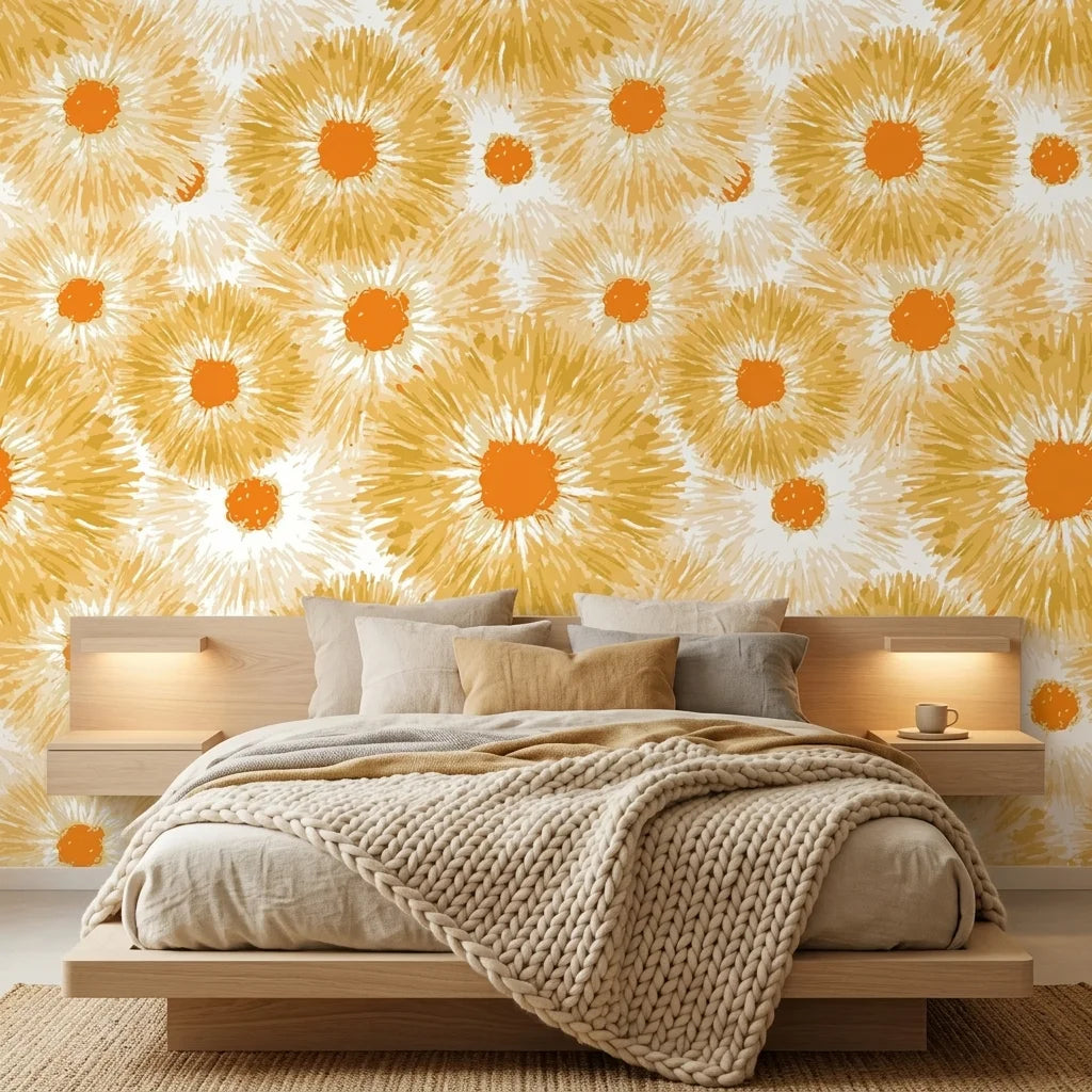 Burning Petal orange and gold floral wallpaper adding character to a cozy bedroom