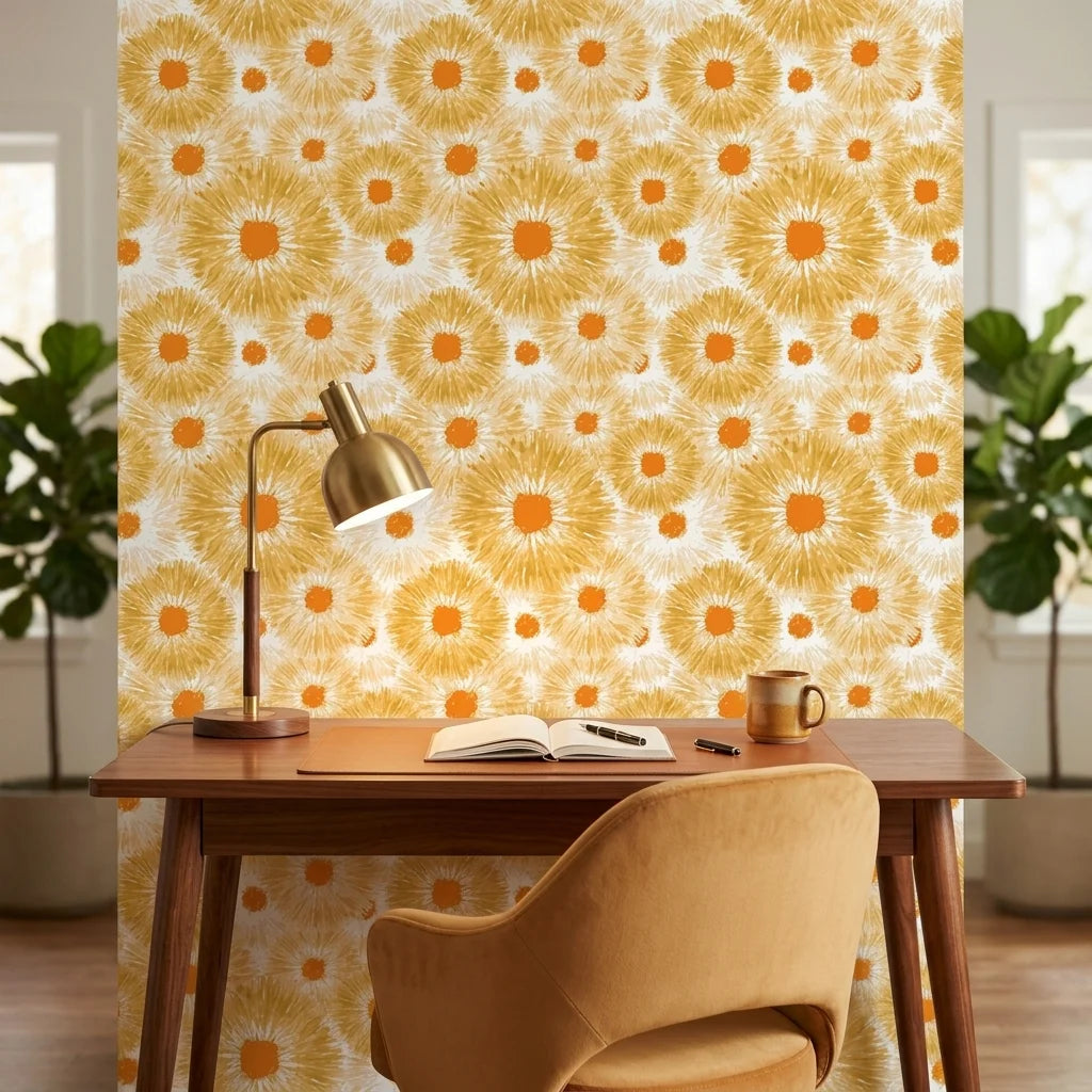 Burning Petal orange and gold floral wallpaper as a feature wall in a bright home office