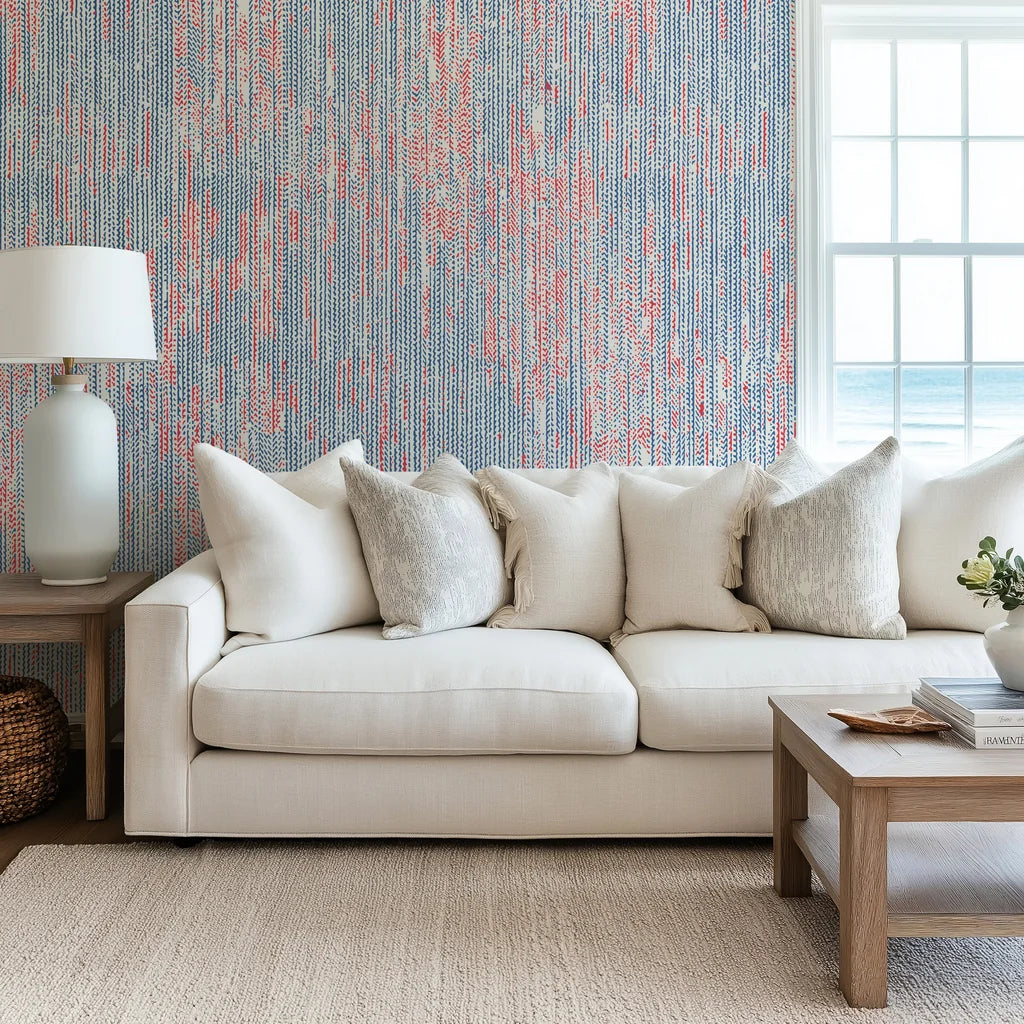 Textured red and blue hand drawn stripe peel and stick wallpaper - Burnished Edge