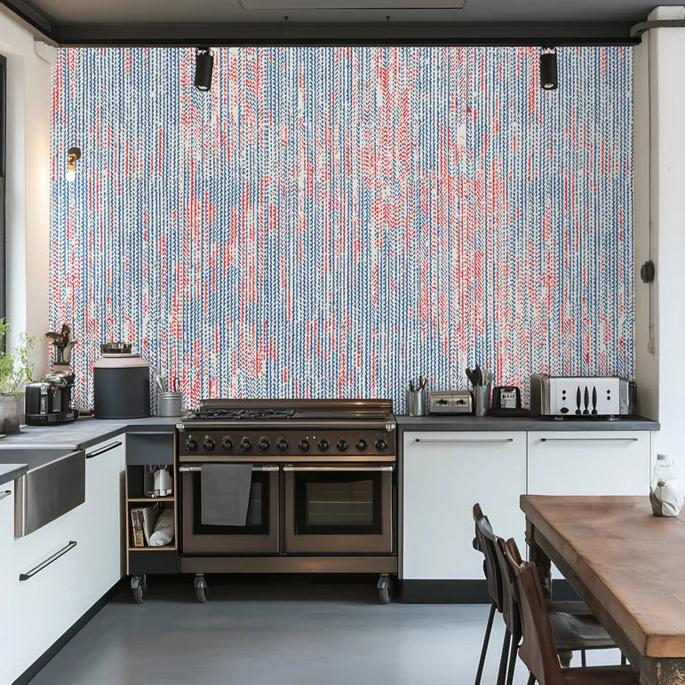 Textured red and blue hand drawn stripe peel and stick wallpaper - Burnished Edge