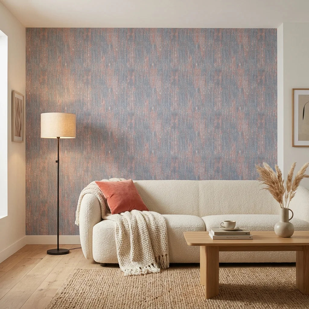 Burnished Edge red blue white textured stripe wallpaper in a warm and inviting living room