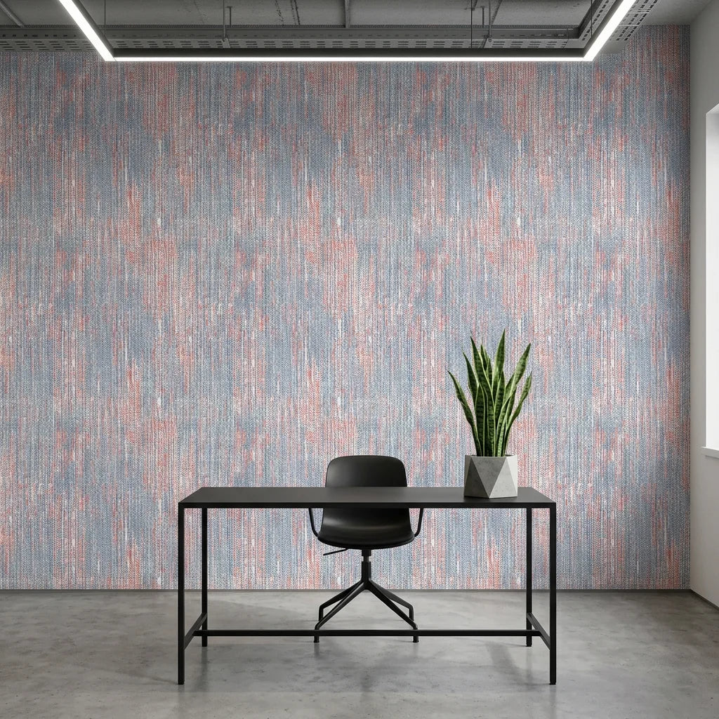 Burnished Edge red blue white textured stripe wallpaper as a feature wall in a bright home office