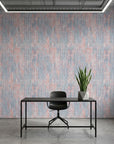 Burnished Edge red blue white textured stripe wallpaper as a feature wall in a bright home office