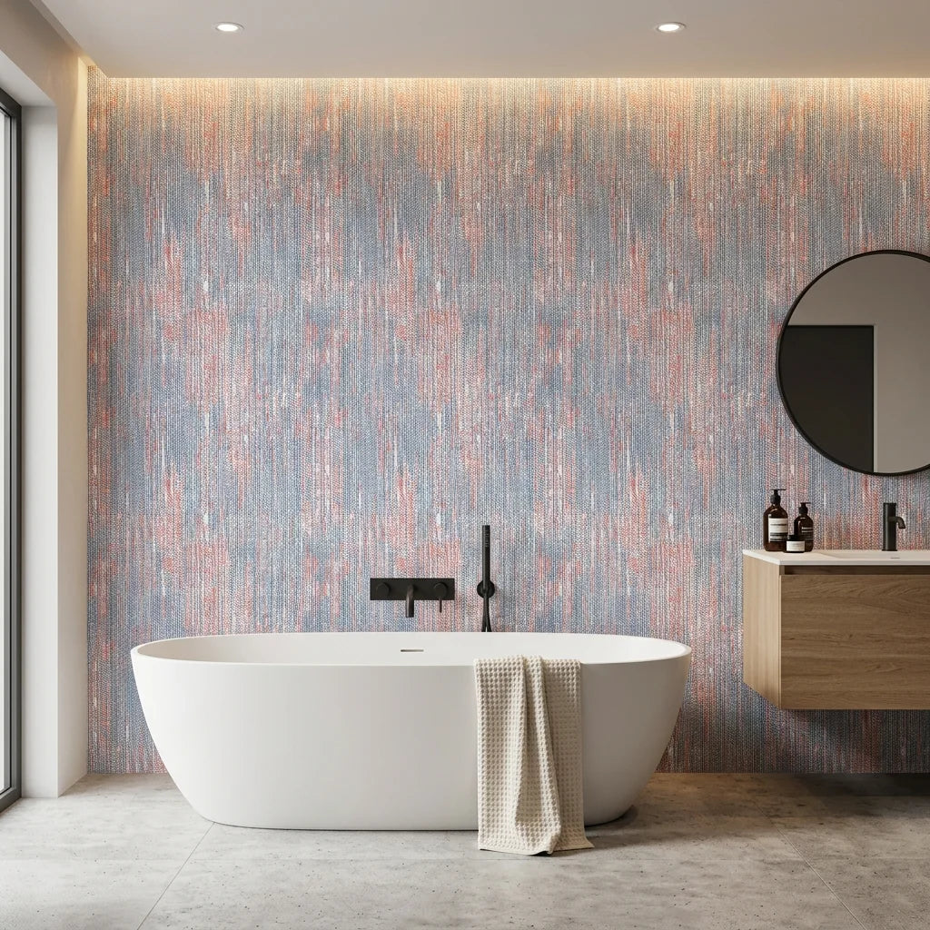 Burnished Edge red blue white textured stripe wallpaper creating ambiance in a serene bathroom