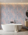 Burnished Edge red blue white textured stripe wallpaper creating ambiance in a serene bathroom