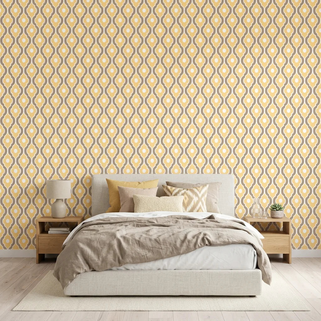 Butter Ogee golden geometric peel and stick wallpaper in a warm and inviting living room