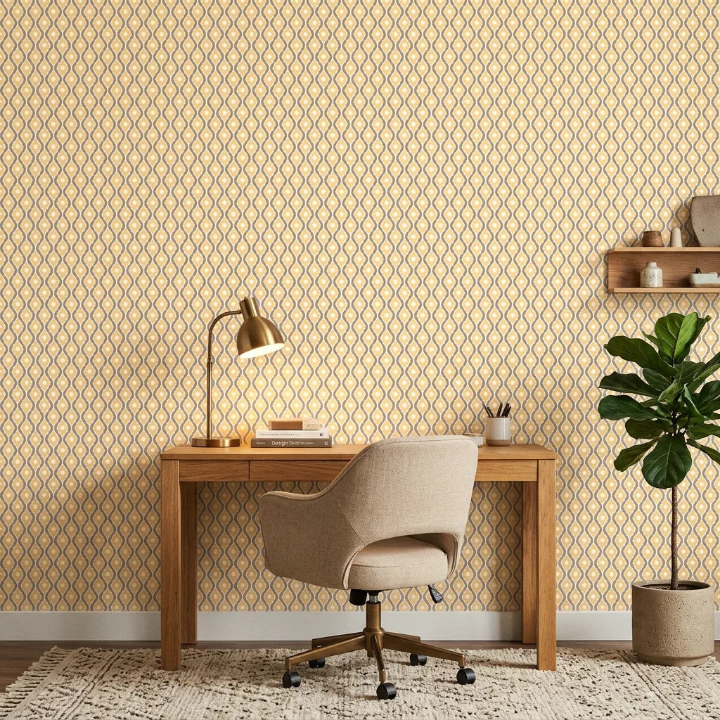 Butter Ogee golden geometric peel and stick wallpaper adding character to a cozy bedroom