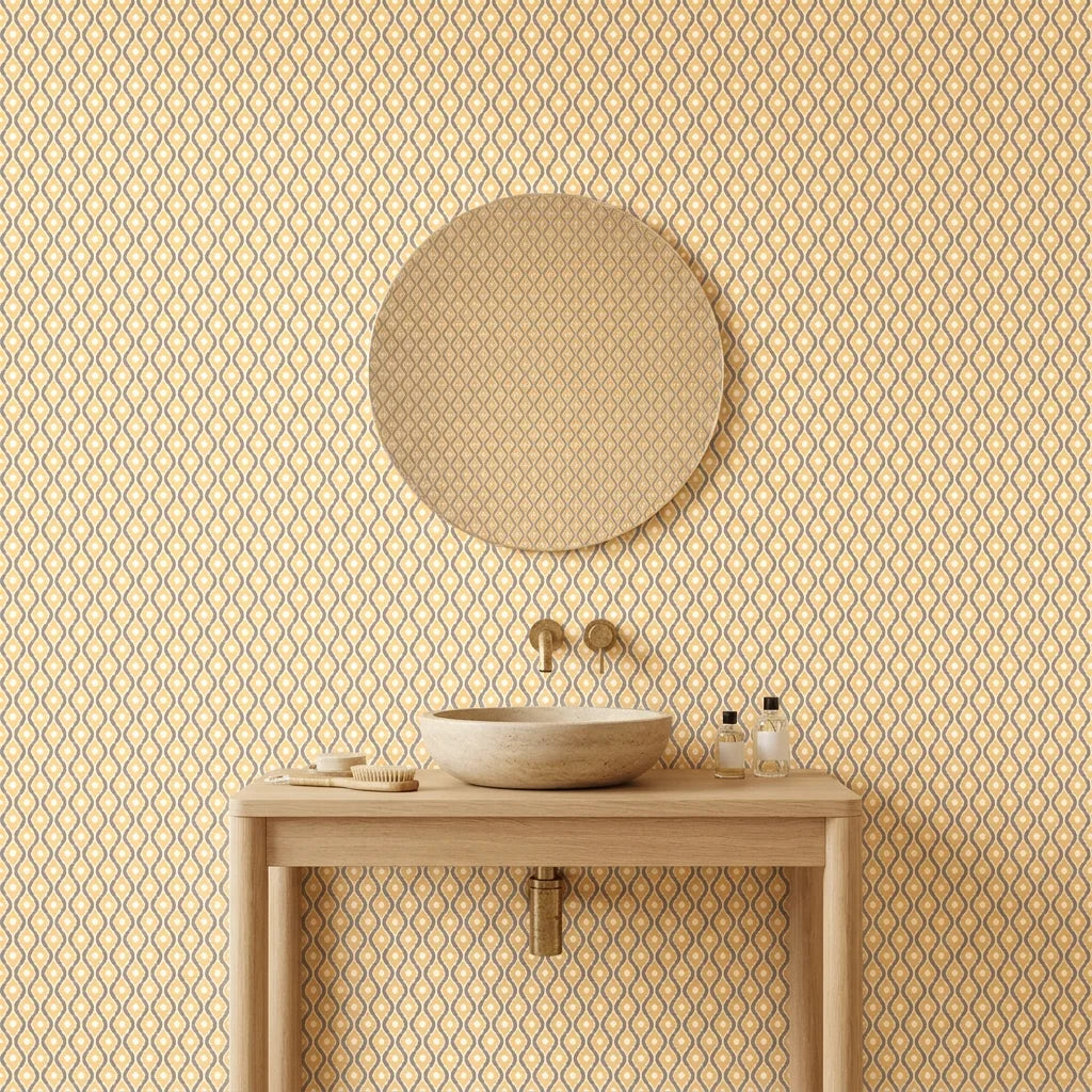 Butter Ogee golden geometric peel and stick wallpaper as a feature wall in a bright home office