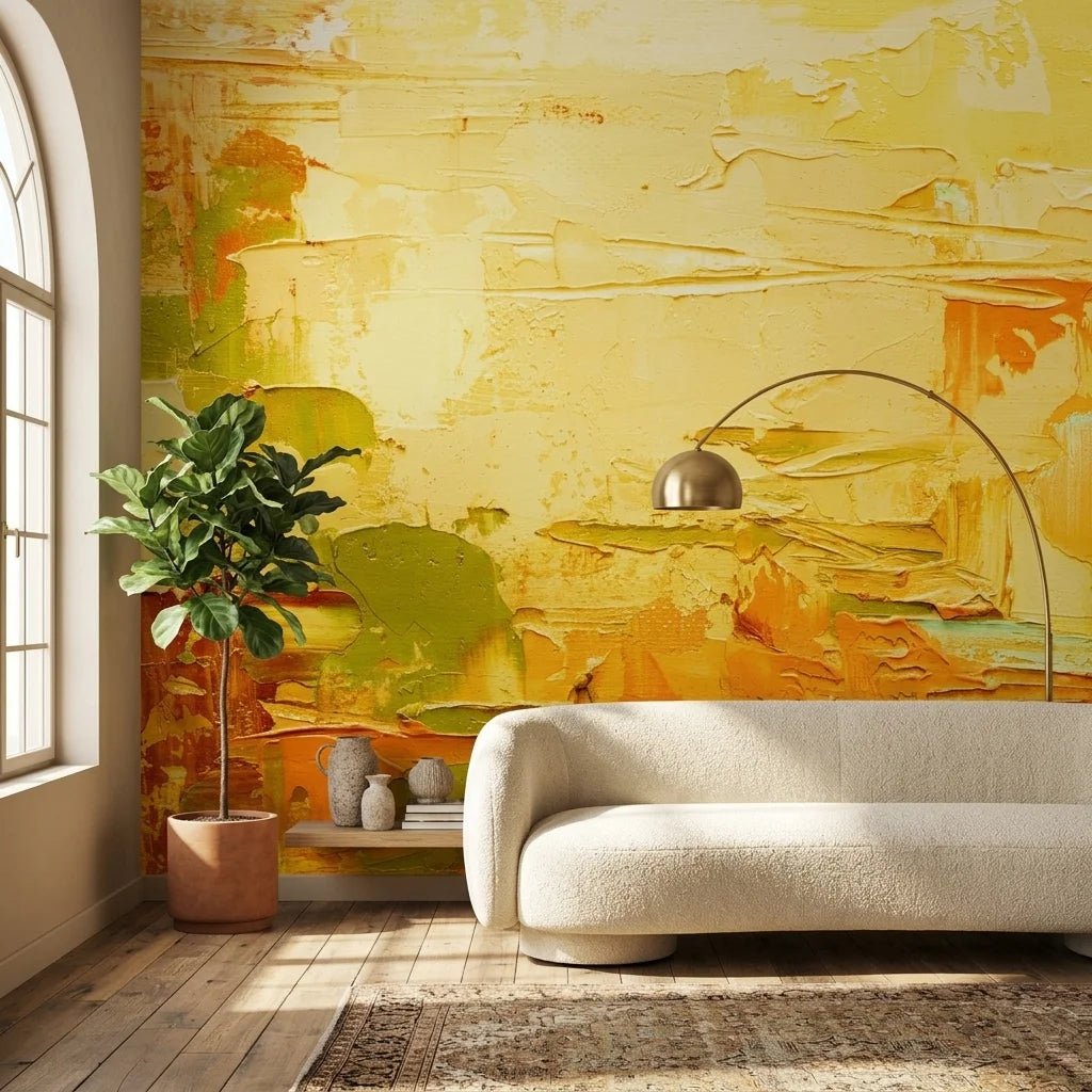 Textured warm yellow and green abstract impasto peel and stick wallpaper - Butter & Gold