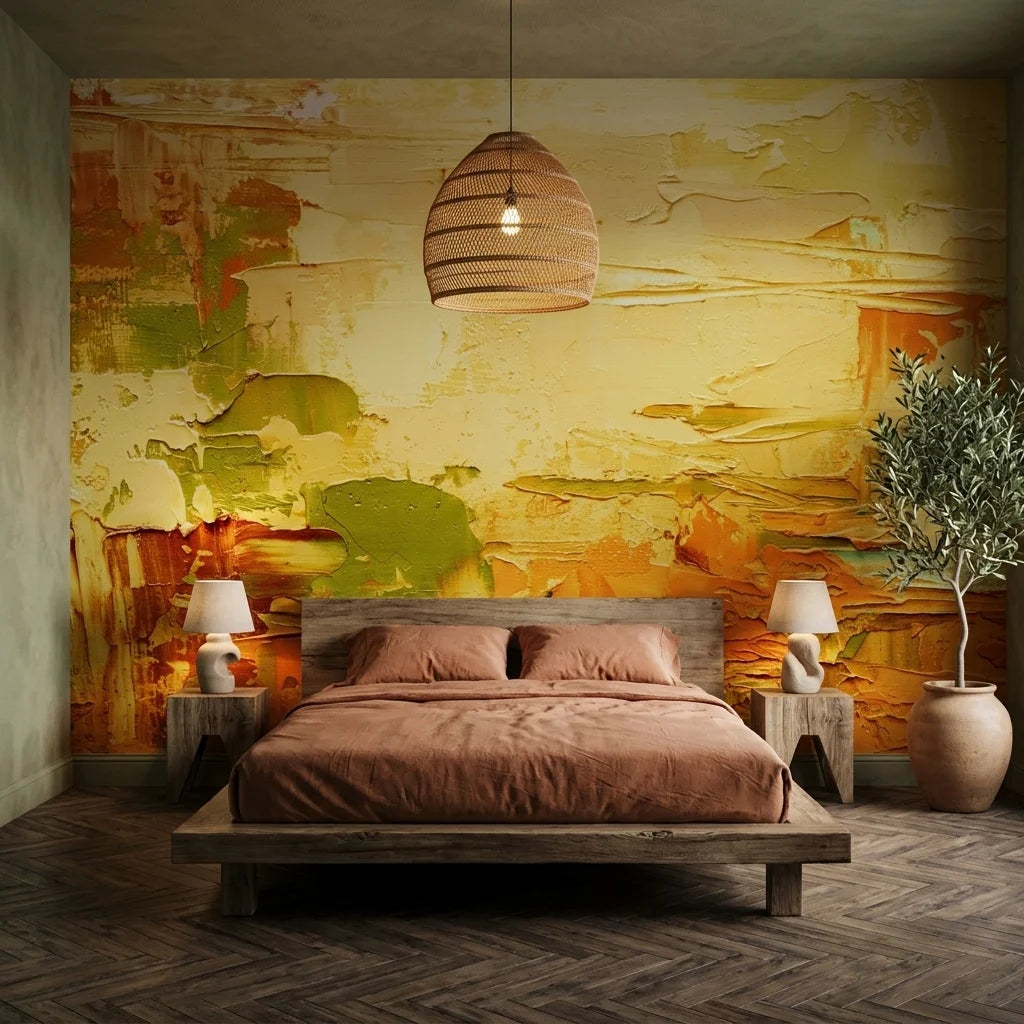 Butter & Gold warm yellow abstract impasto wallpaper in a warm and inviting living room