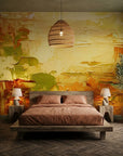 Butter & Gold warm yellow abstract impasto wallpaper in a warm and inviting living room