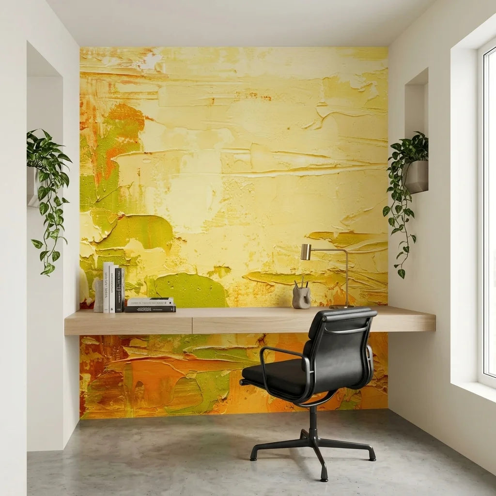 Butter & Gold warm yellow abstract impasto wallpaper adding character to a cozy bedroom